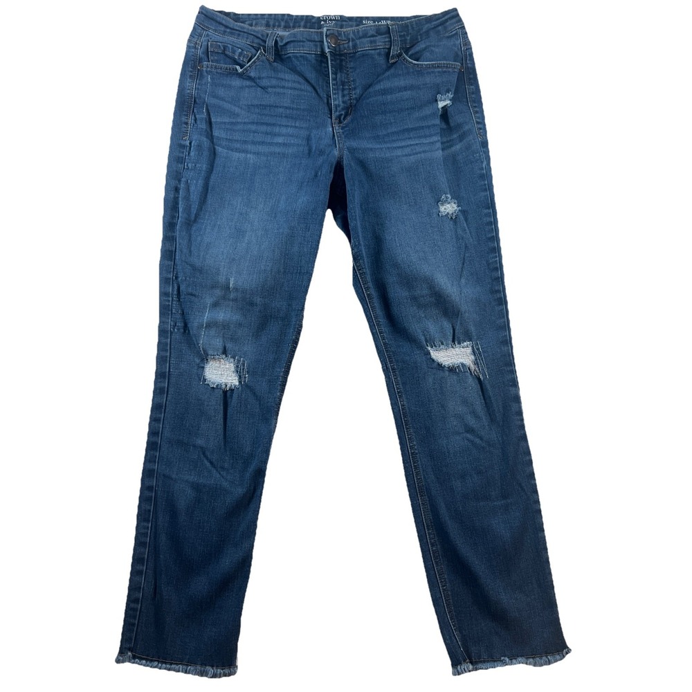 Crown & Ivy Distressed Curvy Jeans‎ Womens 14 WR Denim Straight High Rise Frayed